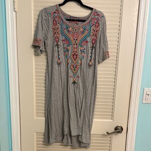 Johnny Was Grey Embroidered Cotton Boho Dress Size Small